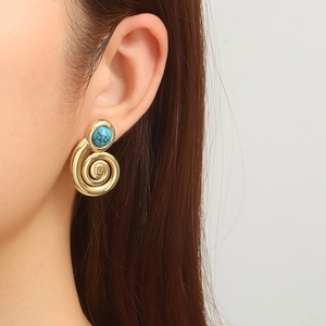 French vintage 18k gold plated stainless steel spiral earrings with turquoise stone