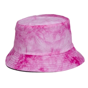 Pink tie-dye reversible bucket hat for sun protection featuring cloud-like patterns