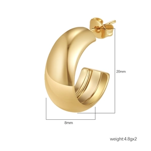 Chunky C-shaped stainless steel hoop earrings in polished gold finish, 20mm height size