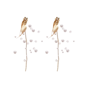 Elegant gold leaf earrings with tassel pearls and sparkling zircon stones on white background