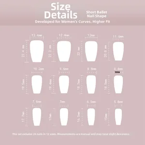 Size chart showing 12 dimensions for short coffin black French press-on nails