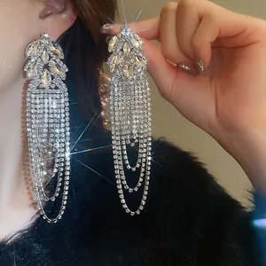 Gros plan de boucles d'oreilles pampilles argentées avec cristaux et longues franges