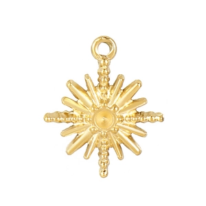 Vue macro du pendentif soleil doré avec rayons radiants et finition en acier inoxydable poli