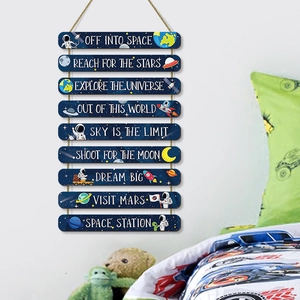 Space-themed nine-tier wooden wall hanging with astronaut graphics and slogans