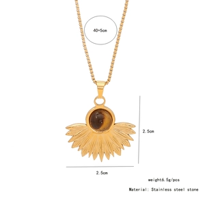 Detailed dimensions of gold stainless steel necklace with fan-shaped tiger eye stone