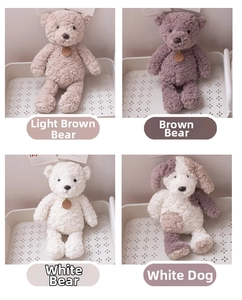 Detailed grid of plush teddy bears and a puppy doll in curly lamb wool material