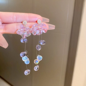 Elegant long tassel earrings with purple resin flowers and sparkling crystal beads