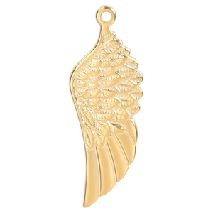 Detailed close-up of a golden wing pendant showing intricate feather texture and metallic shine
