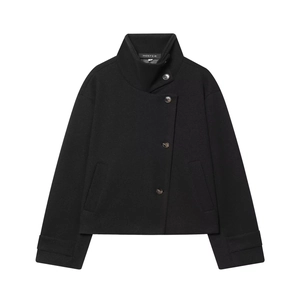 Women's black short wool jacket with chic asymmetrical button closure and high stand collar