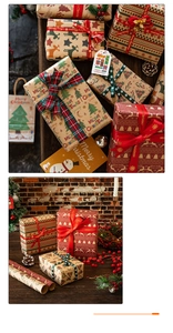 Detail of Christmas kraft wrapping paper sets with festive tree and reindeer patterns
