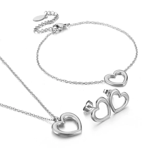 Elegant silver heart jewelry set with cutout necklace, bracelet, and stud earrings