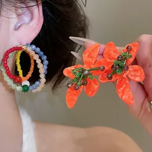 Floral Stud Earrings Alloy Crystal Colorful Beaded Bohemian Ethnic Style Women Jewelry With Silver Earring Post