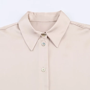 Women's elegant champagne satin shirt with pointed collar and pearly buttons detail