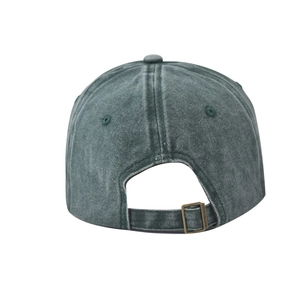 Detail of adjustable brass buckle on vintage washed green cotton baseball cap back