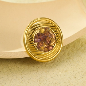 Chic gold-plated stainless steel open ring with round texture and inlaid natural stones