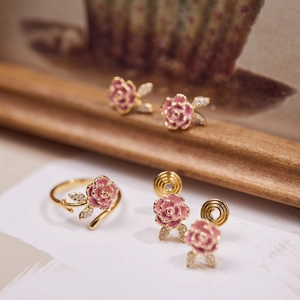 Pink Rose Flower Stud Earrings Ring Clip-on Earrings For Women 925 Sterling Silver Post Enamel Zirconia Inlaid Jewelry Gift