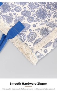 Detail of bohemian paisley canvas tote bag featuring high-quality alloy zipper and tassels