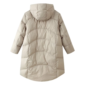 Back view of a long quilted hooded puffer coat in beige with curved stitching details