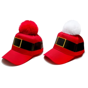 Festive red Christmas Santa belt baseball caps with fluffy pom poms for holiday parties