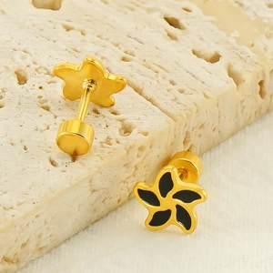 Mini stainless steel gold flower stud earrings with black enamel and secure screw backs