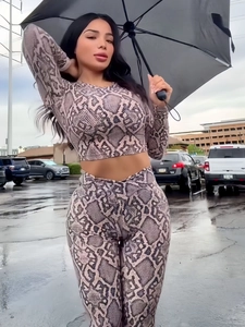 Women's 2-piece sportswear set featuring snakeskin print crop top and high waist leggings