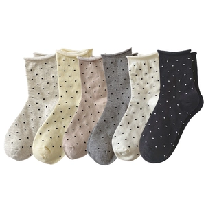 Polka dot cotton socks set for women featuring six pastel colors and frill cuffs