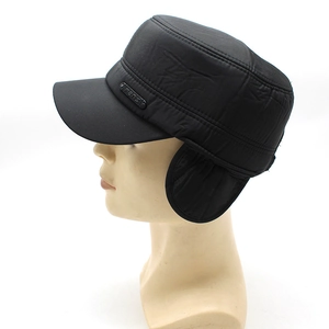 Men's winter flat top military cap with ear flaps and warm fleece lining in black