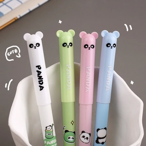 Cute panda erasable gel pens set with cartoon head caps in four assorted pastel colors