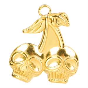 Golden skull cherry pendant crafted from 18k vacuum plated stainless steel