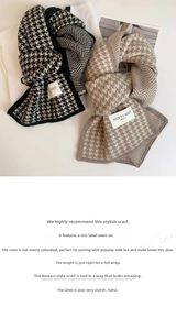 Close-up of knit houndstooth scarves in black and beige with stylish fabric labels