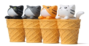Set of four cute miniature cat figurines in waffle ice cream cones for desk decor