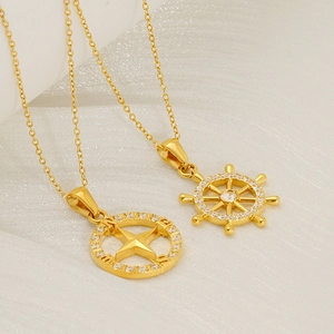Compass Helm Pendant Necklace Stainless Steel 18K Gold Plated Rhinestone Nautical Jewelry For Women Fashion Accessory