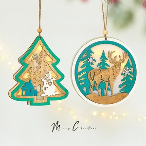 Luminous Christmas wood ornaments with LED reindeer and snowman design for tree hanging