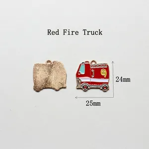 Detail of red enamel fire truck charm for DIY jewelry measuring 24mm by 25mm
