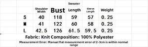 Size chart showing S, M, L measurements for striped knit polo sweater with fabric details
