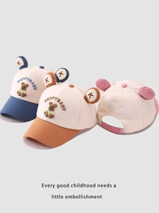 Detail of adjustable velcro closure and bear embroidery on colorful kids baseball caps