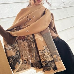 Close-up of vintage plum blossom scarf with artistic mountain landscape print