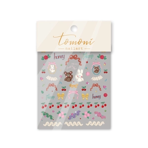 5D embossed nail stickers featuring cute brown bears, rabbits and cherry patterns