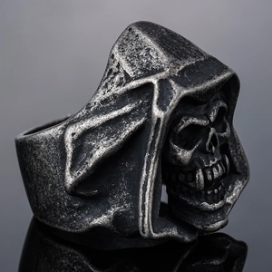 Gothic skull reaper ring in vintage biker style with polished dark metal finish