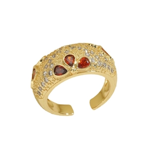 Luxurious 14K gold-plated ring with orange-red pear-shaped gems and pavé zircon flowers