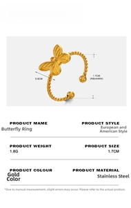 Detailed size specifications for 18K gold plated stainless steel butterfly ring