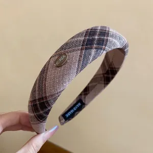Vintage brown plaid padded headband with gold Korea metal plate for a high-volume hair look