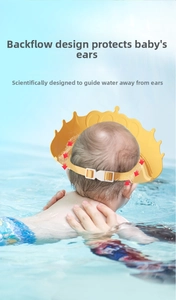 Detail of baby crown shower cap with adjustable buckle and backwater drainage design