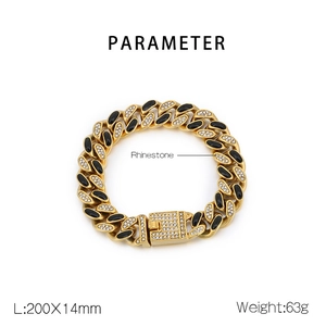 Detail showing 14mm gold Cuban link bracelet with black inlay, rhinestones and dimensions