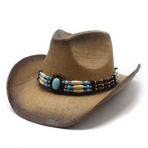 Chapeau De Cowboy En Paille De Papier Respirant Protection Solaire Plage Voyage Bohème Perles De Turquoise Bois Style Vintage
