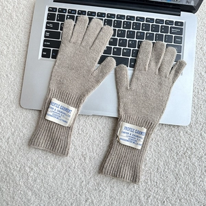 Close-up of camel knitted wool gloves with letter patch on a laptop keyboard