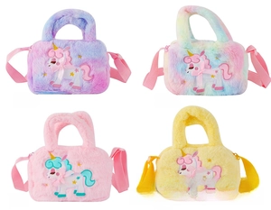 Collage of plush unicorn crossbody bags in purple, blue, pink and yellow variants