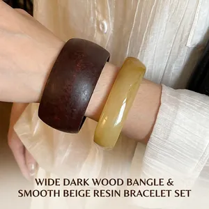 Retro Geometric Resin And Wood Bangles Irregular Round Square Amber Marble Pattern Minimalist Fashion Jewelry For Women