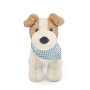 Soft Fox Terrier plush dog toy in cream and brown fur with a blue checkered scarf
