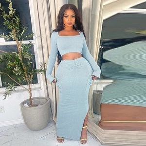 Detail of light blue knit set showing ribbed fabric texture and side slit maxi skirt